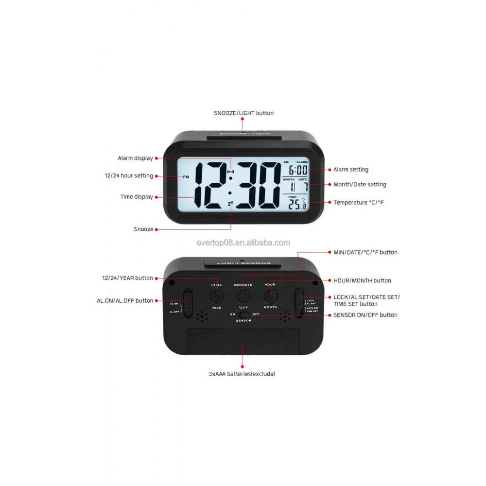 Dijital Alarmlı Masa Saati Led Ekran Pilli Çalar Saat Beyaz