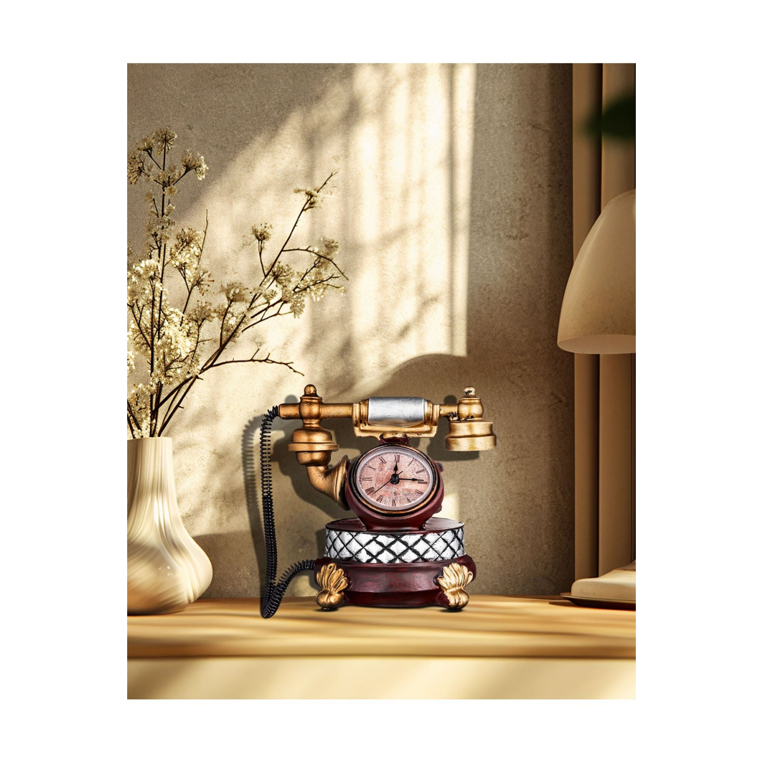 Telefon Masa Saati Dekoratif Antik Saat Nostaljik Saat Hediyelik Süs Eşyası 18x12 Cm