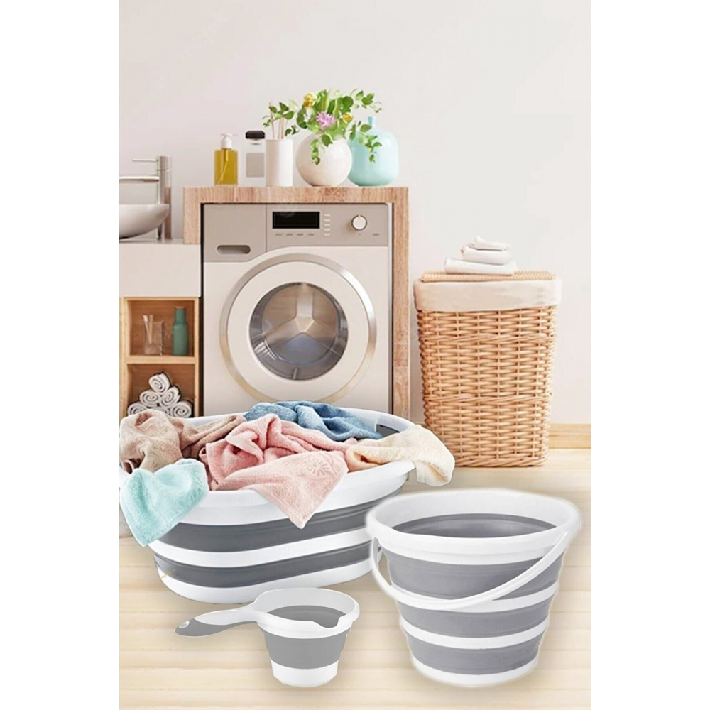 3'lü Set Katlanır Çamaşır Sepeti - Katlanabilir Akordiyon Su Kovası -maşrapa
