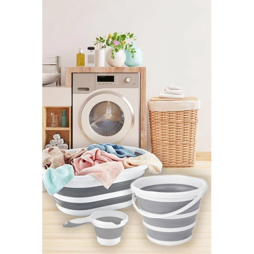 3'lü Set Katlanır Çamaşır Sepeti - Katlanabilir Akordiyon Su Kovası -maşrapa