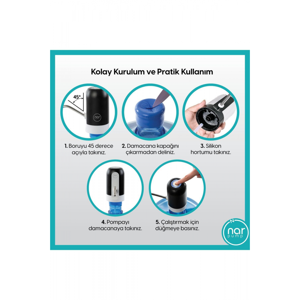 Hızlı Ve Sessiz Damacana Pompası, Usb Şarjlı Ve Otomatik, Dakikada 1.7 Litre Su Çıkışı