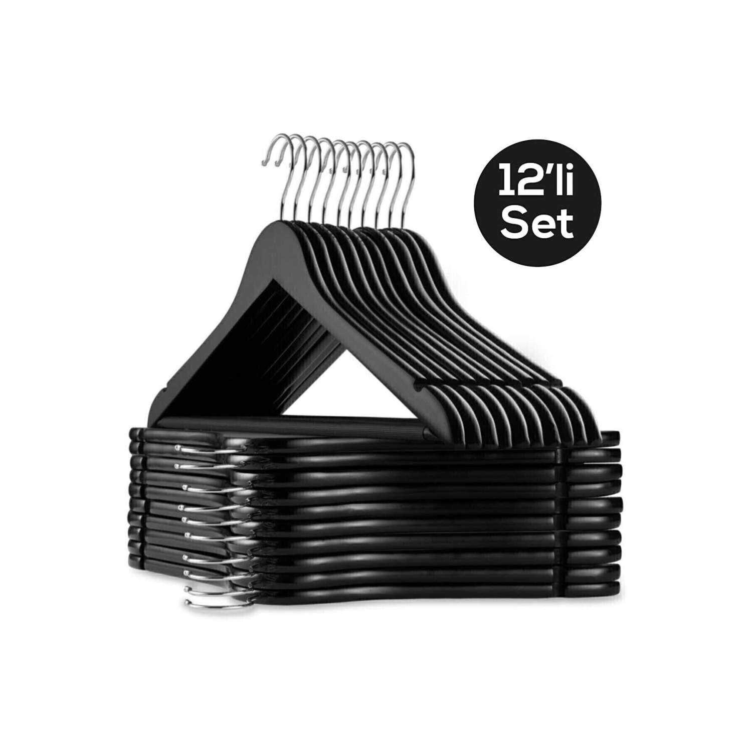 12 Adet - Ahşap Görünümlü Plastik A Kalite Siyah Elbise Kıyafet Askı