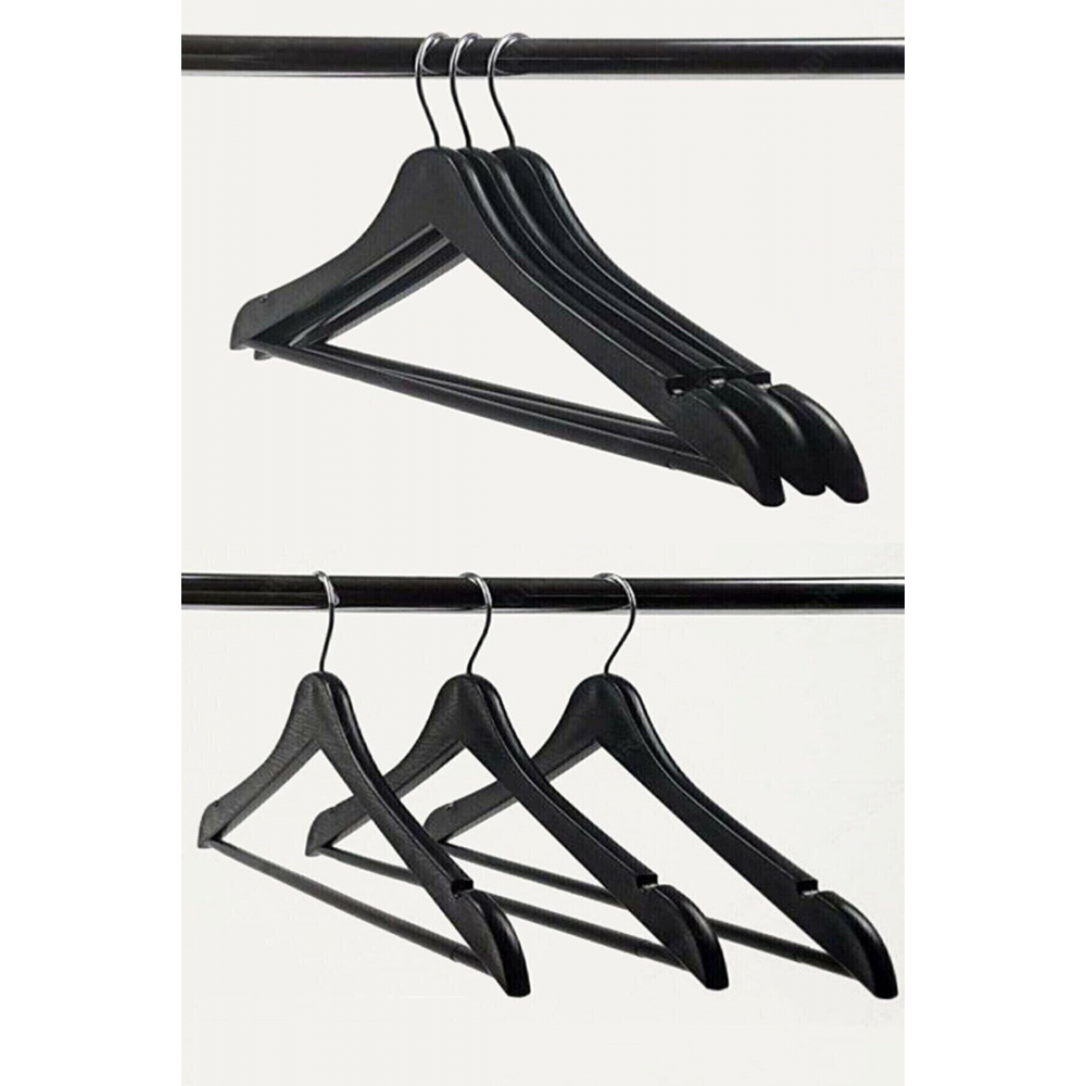 12 Adet - Ahşap Görünümlü Plastik A Kalite Siyah Elbise Kıyafet Askı