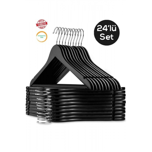 24 Adet Ahşap Görünümlü Plastik A Kalite Siyah Elbise Askı
