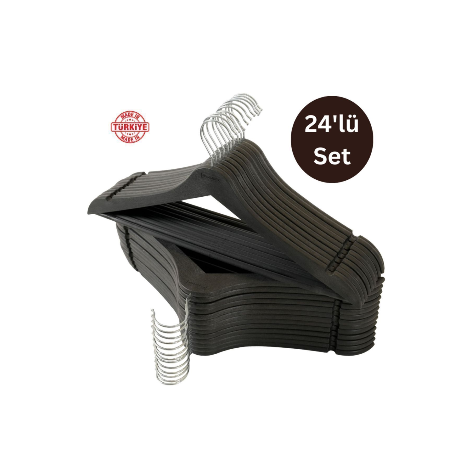 24 Adet Siyah Askı Ahşap Görünümlü Plastik A Kalite Elbise Kıyafet Askısı