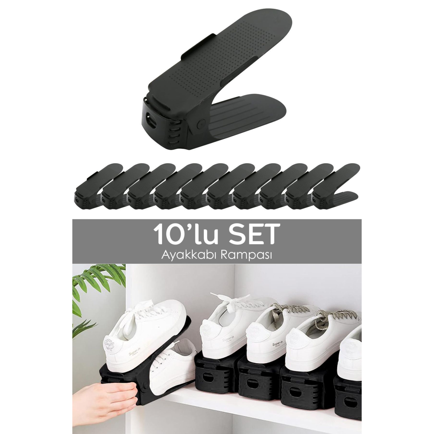 10'lu Tekli Ayarlanabilir Ayakkabı Rampası - Dolap İçi Ayakkabı Düzenleyici Organizer