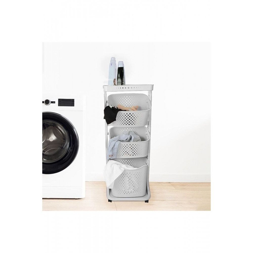 Katlı Sepet Organizeri Tekerlekli 4 Katlı 3 Sepetli Açık Gri