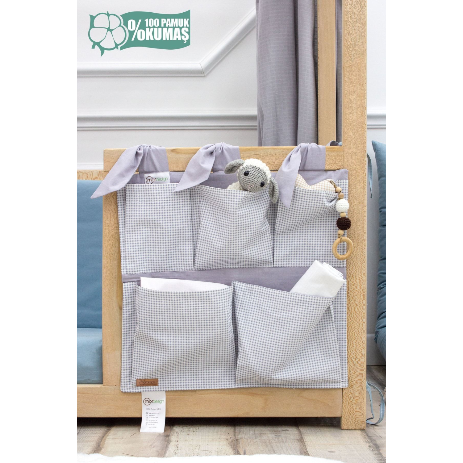 Yenidoğan Beşik Yanı Düzenleyici, 5 Cepli Bebek Odası Organizeri, Ekose Desen, Svalbard Serisi, Gri