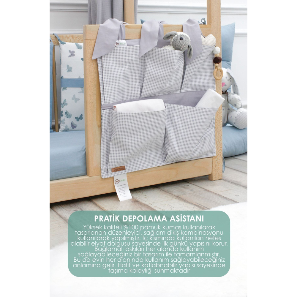 Yenidoğan Beşik Yanı Düzenleyici, 5 Cepli Bebek Odası Organizeri, Ekose Desen, Svalbard Serisi, Gri