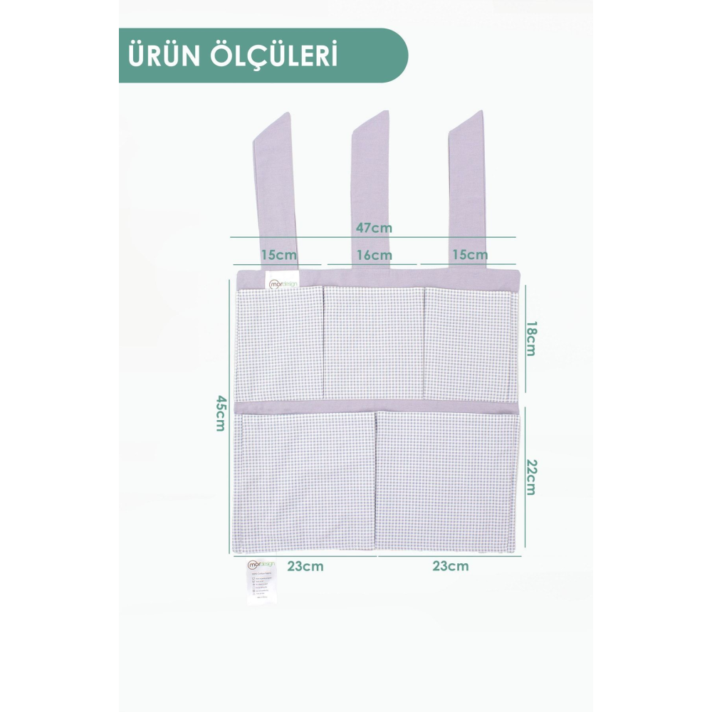 Yenidoğan Beşik Yanı Düzenleyici, 5 Cepli Bebek Odası Organizeri, Ekose Desen, Svalbard Serisi, Gri