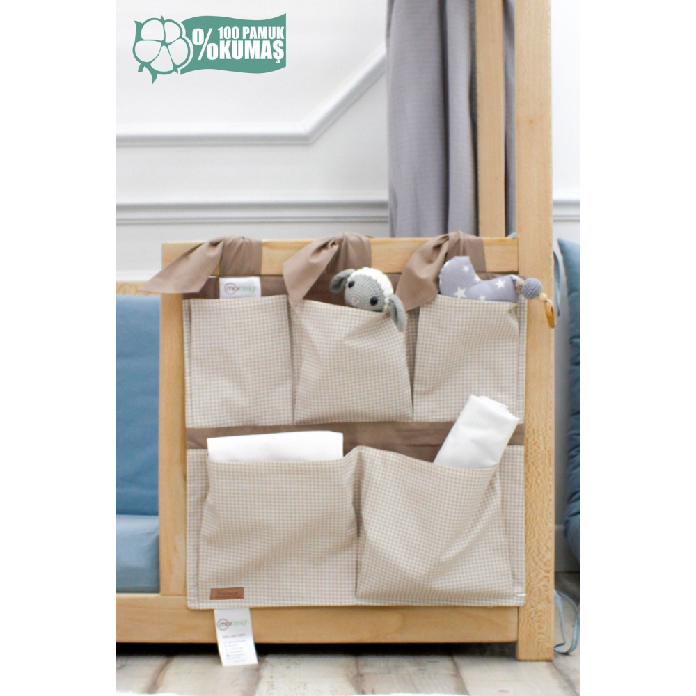 Yenidoğan Beşik Yanı Düzenleyici, 5 Cepli Bebek Odası Organizeri, Ekose, Svalbard Serisi, Kahve