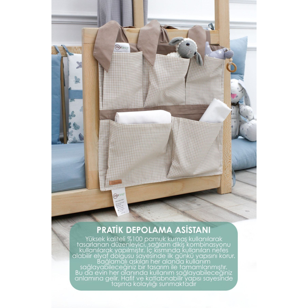 Yenidoğan Beşik Yanı Düzenleyici, 5 Cepli Bebek Odası Organizeri, Ekose, Svalbard Serisi, Kahve