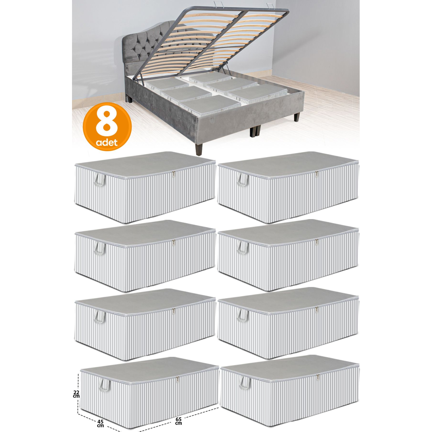 8 Adet - Antrasit Çizgili Büyük Boy Baza Altı Ve Çekyat Tipi Hurç 65 x 45 x 22 cm