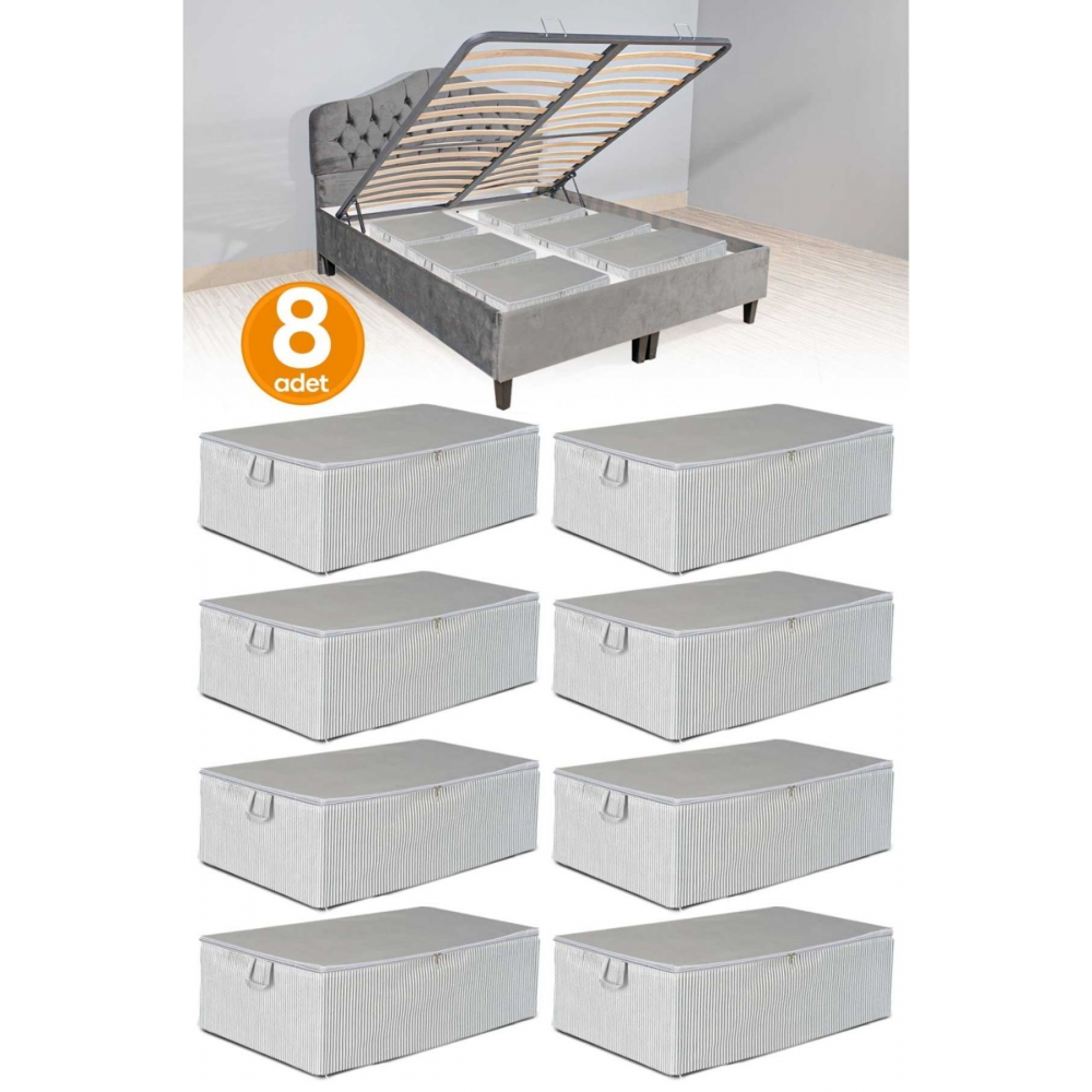 8 Adet - Antrasit Çizgili Büyük Boy Baza Altı Ve Çekyat Tipi Hurç 65 x 45 x 22 cm