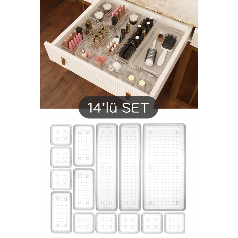 14 Parça Takı Aksesuar Düzenleyici Kutu - Çok Amaçlı Çekmece İçi Takı Organizer Şeffaf
