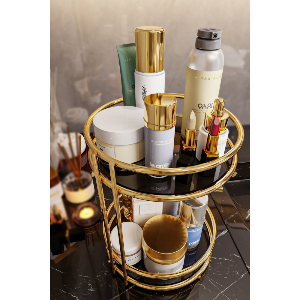 Banyo Kozmetik Takı Düzenleyici Çok Amaçlı Organizer 2 Katlı Servis Sunum Tepsisi Ikramlık Gold