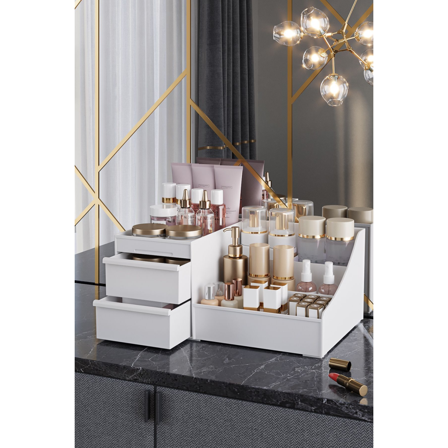Elegance Xl Makyaj Kozmetik Parfüm Krem Serum Düzenleyici Çekmeceli Organizer Beyaz