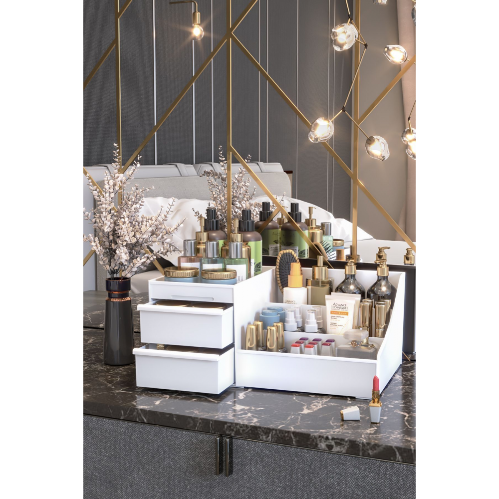 Elegance Xl Makyaj Kozmetik Parfüm Krem Serum Düzenleyici Çekmeceli Organizer Beyaz