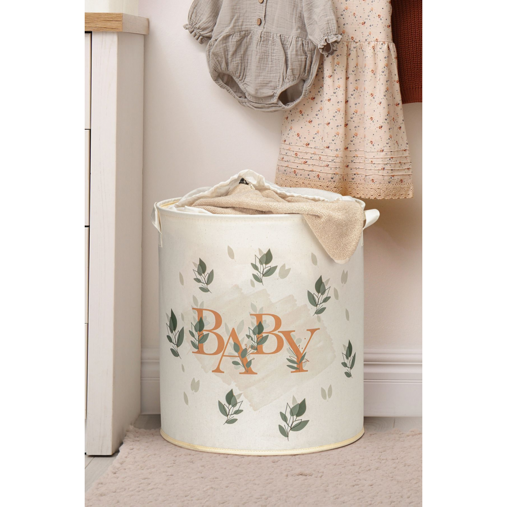 Baby Baskılı Ağzı Büzgülü Çok Amaçlı Oyuncak Saklama, Kirli Çamaşır Sepeti 37x40