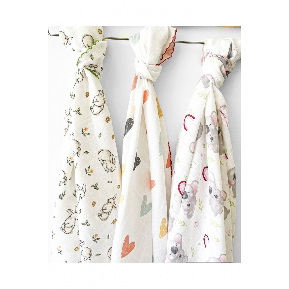 Çok Amaçlı Müslin Örtü 3’lü Set, Müslin Yenidoğan Bebek Battaniyesi, %100 Pamuk Müslin Bez, 80*90 cm