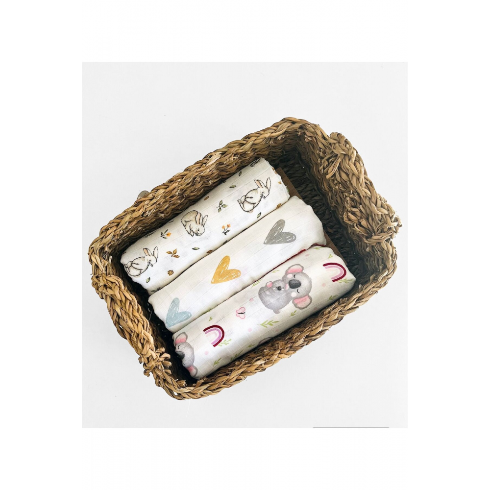 Çok Amaçlı Müslin Örtü 3’lü Set, Müslin Yenidoğan Bebek Battaniyesi, %100 Pamuk Müslin Bez, 80*90 cm