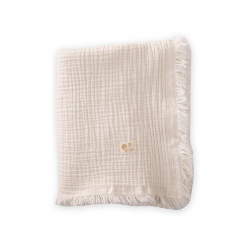 Dört Kat Püsküllü Müslin Battaniye 80x120 Cm Naturel
