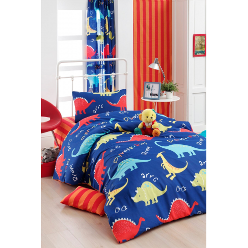 Kolay Ütülenir Nevresim Takımı Tek Kişilik Dinazorus Mavi