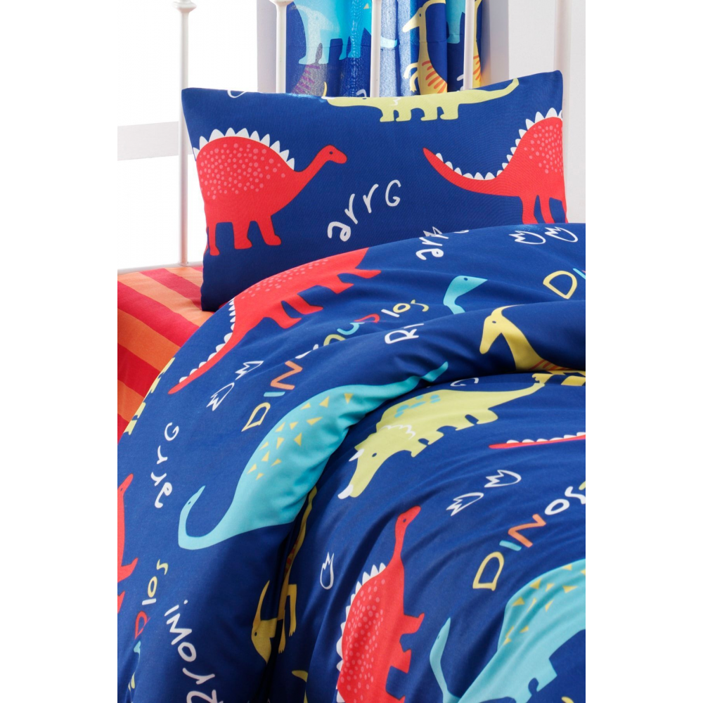 Kolay Ütülenir Nevresim Takımı Tek Kişilik Dinazorus Mavi