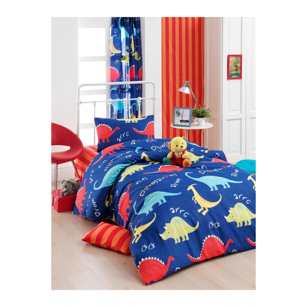 Kolay Ütülenir Nevresim Takımı Tek Kişilik Dinazorus Mavi