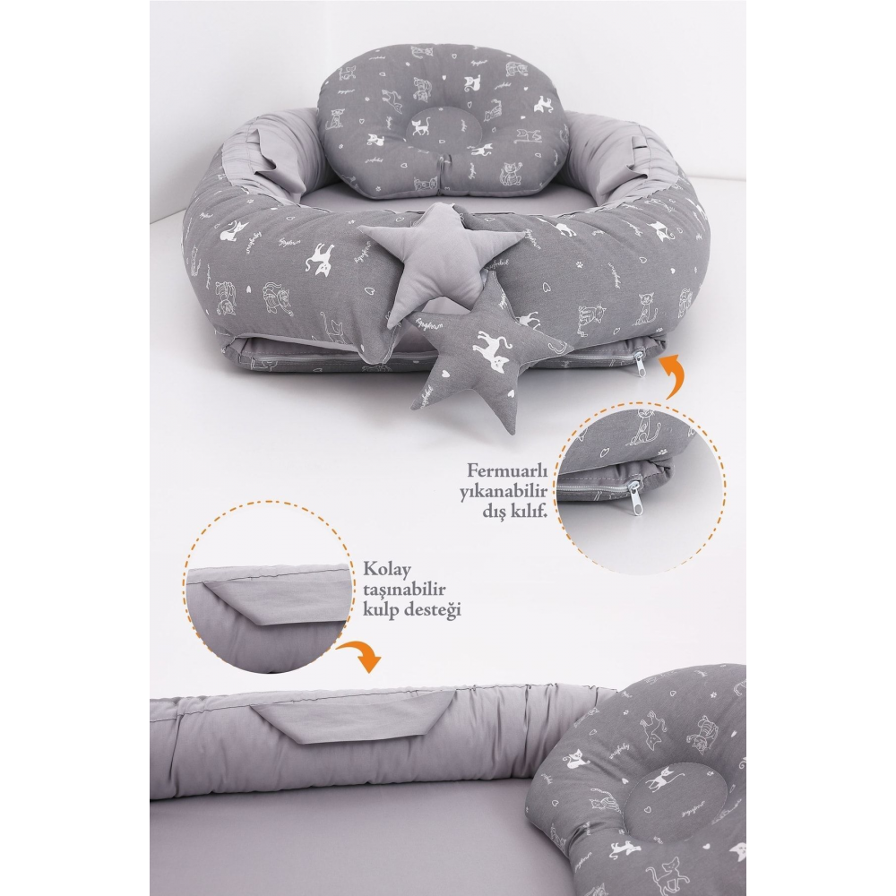 Babynest, Bebek Uyku Yatağı 0-2 Yaş - Gri Kedi Desen