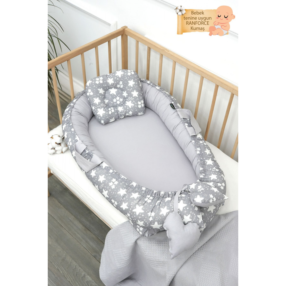 Babynest Ortopedik Bebek Yatağı, Anne Yanı Bebek Yatağı, Ergonomik Tasarım, Big Stars Serisi, Gri