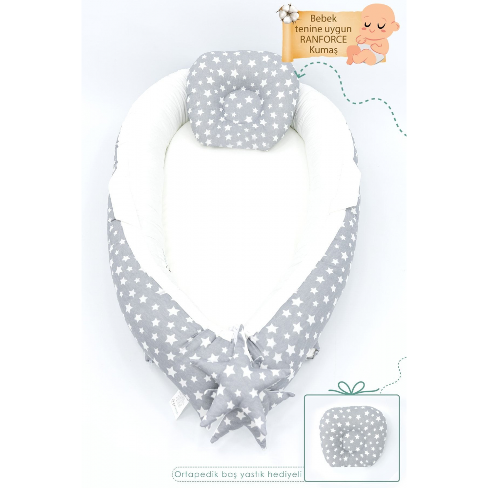 Babynest Ortopedik Bebek Yatağı, Anne Yanı Bebek Yatağı, Ergonomik Tasarım, Stars Serisi, Gri