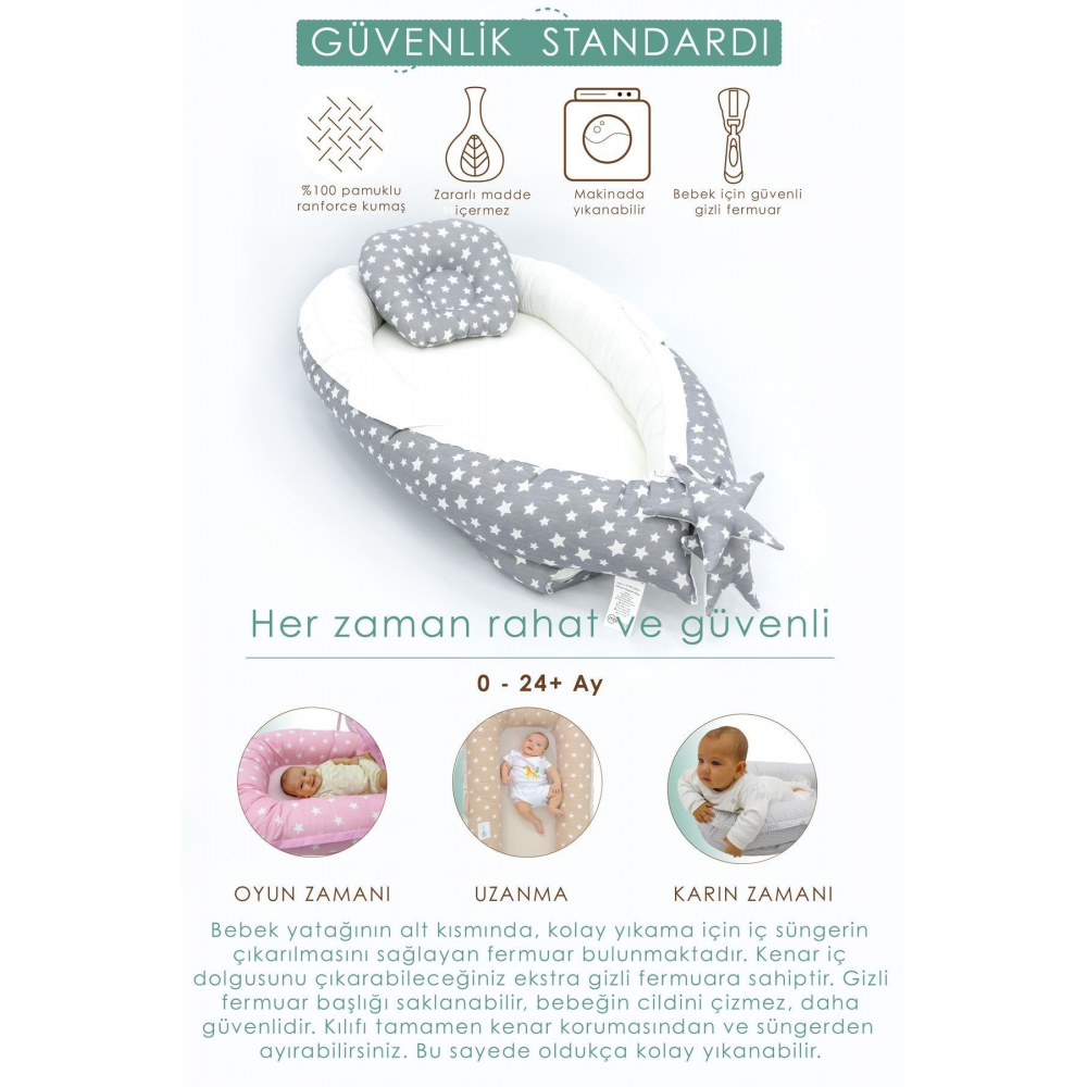 Babynest Ortopedik Bebek Yatağı, Anne Yanı Bebek Yatağı, Ergonomik Tasarım, Stars Serisi, Gri