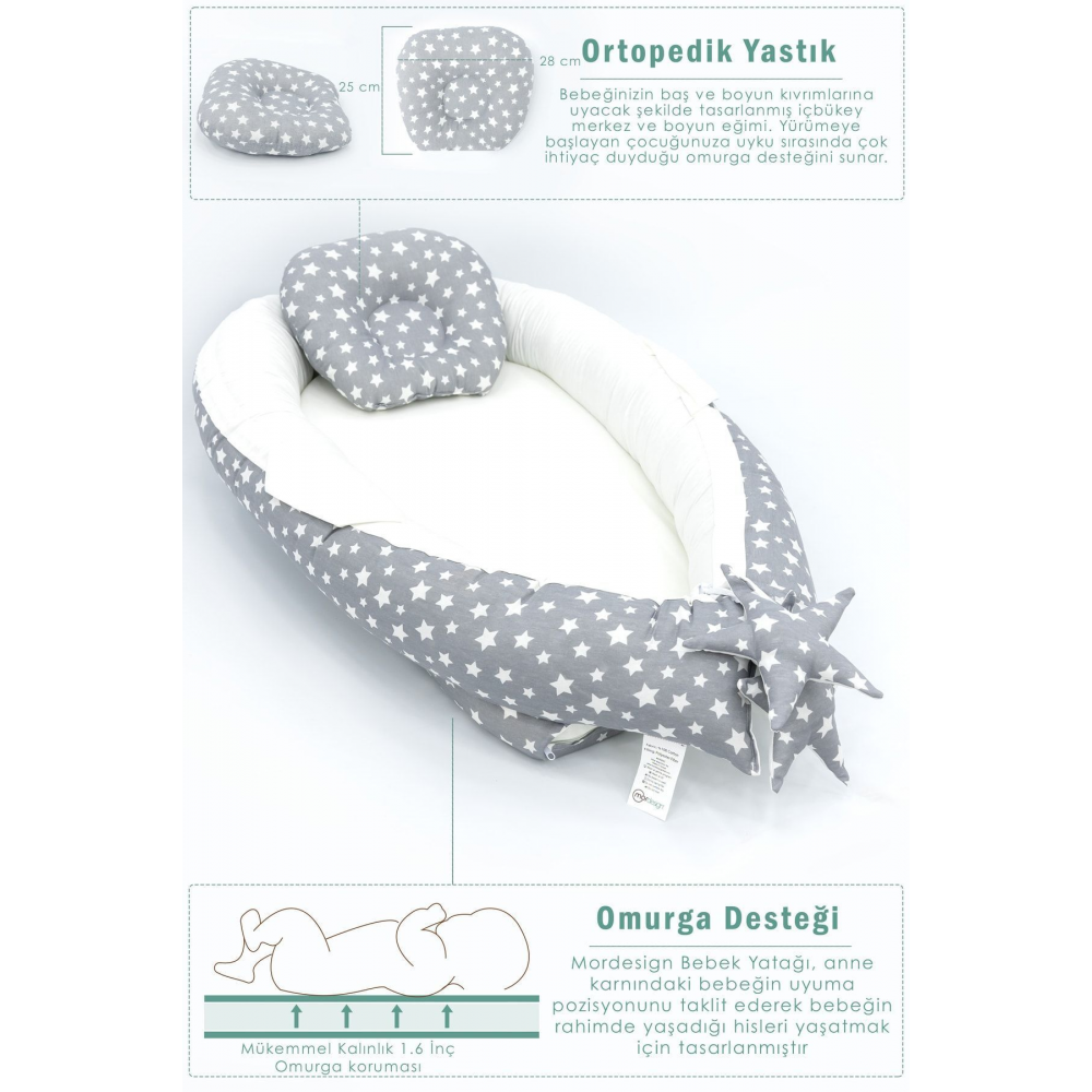 Babynest Ortopedik Bebek Yatağı, Anne Yanı Bebek Yatağı, Ergonomik Tasarım, Stars Serisi, Gri