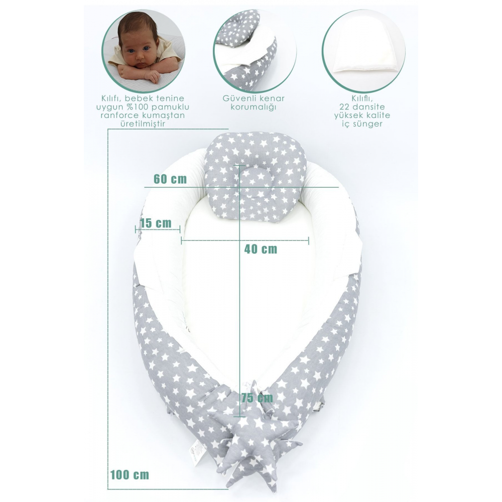 Babynest Ortopedik Bebek Yatağı, Anne Yanı Bebek Yatağı, Ergonomik Tasarım, Stars Serisi, Gri