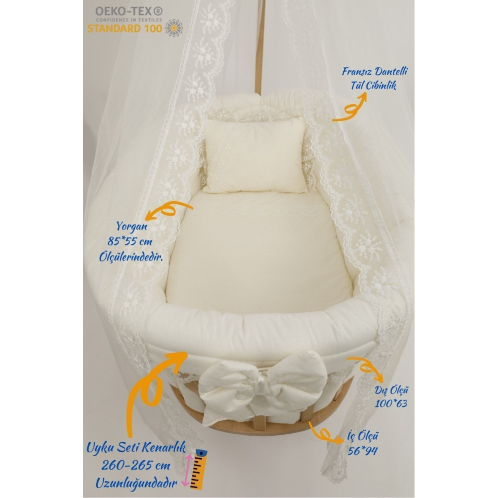 Sepet Beşik Için Bebek Uyku Seti (KREM FRANSIZ)- Beşik Dahil Değil