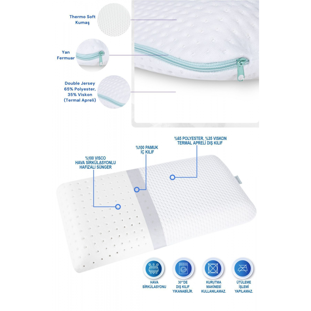Viscotex Visco Hava Kanallı Çocuk Yastığı (KİDS PİLLOW) 66x33x6 Cm, Turkuaz-beyaz