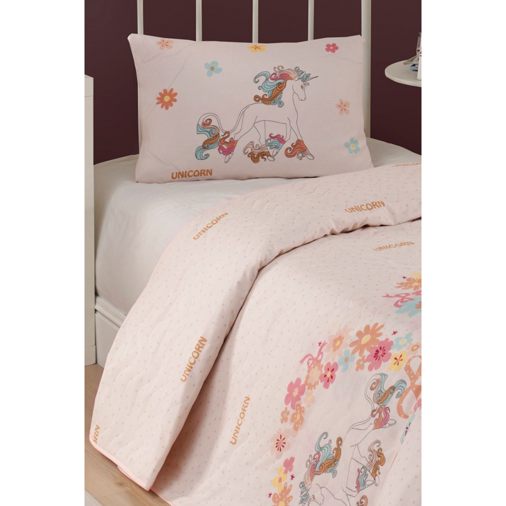 Kapitone Yatak Örtüsü Seti Tek Kişilik Unicornlar Pembe