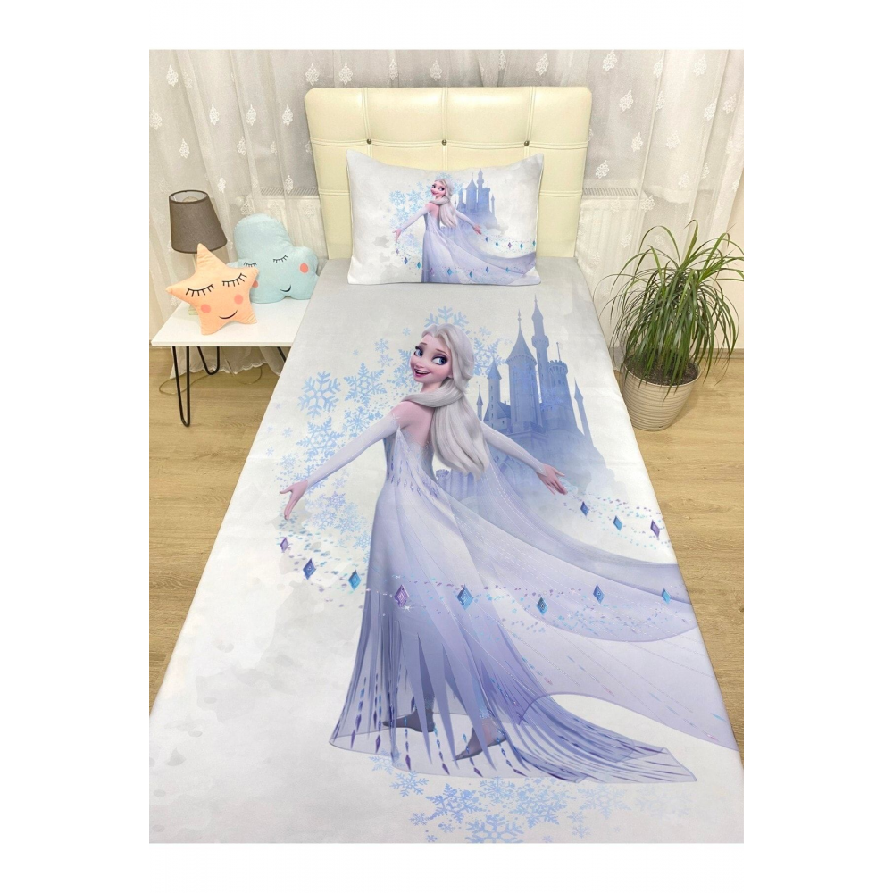 Mavi Rüya Kalesi Tül Elbiseli Elsa Desenli Yatak Örtüsü Ve Yastık Kılıfı