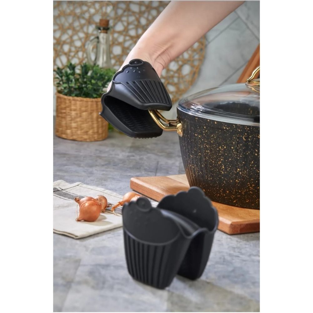 Silikon Fırın Eldiveni Isı Yalıtımlı Kaymaz Mikrodalga Fırın Tencere Tepsi Siyah 2 Adet