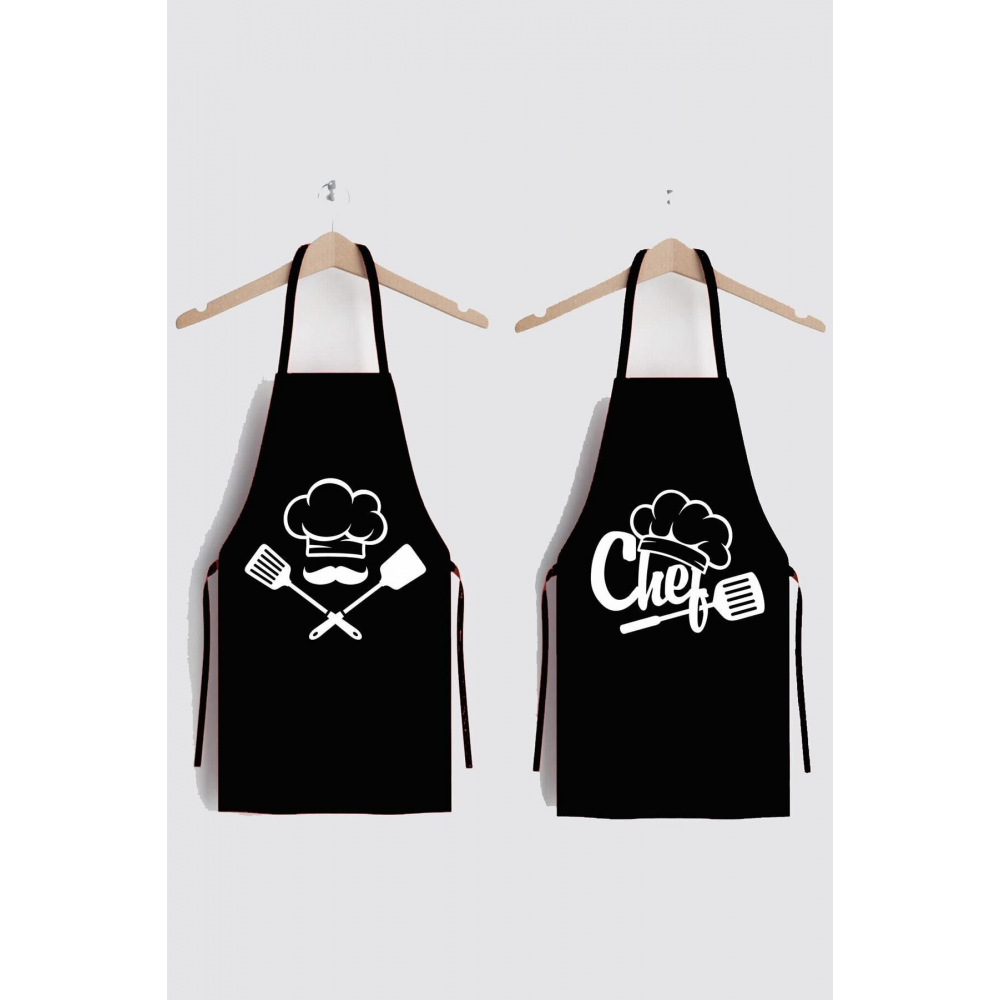 Siyah Chefs Ikili Leke Tutmaz Kumaş Mutfak Önlüğü