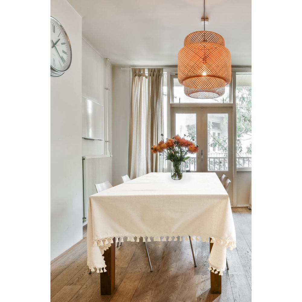 Organik Ham Keten Krem Ponponlu Masa Örtüsü