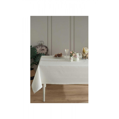 Polyester Kumaş Çizgili Masa Örtüsü 160*220 Cm Krem