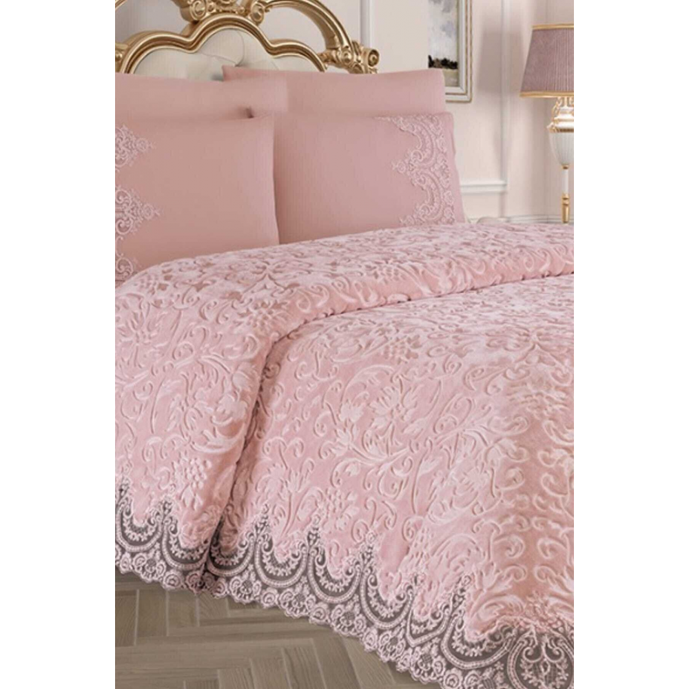 Çift Kişilik Dantelli Güpürlü Battaniye Set - Merissa Pudra