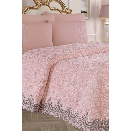 Çift Kişilik Dantelli Güpürlü Battaniye Set - Merissa Pudra