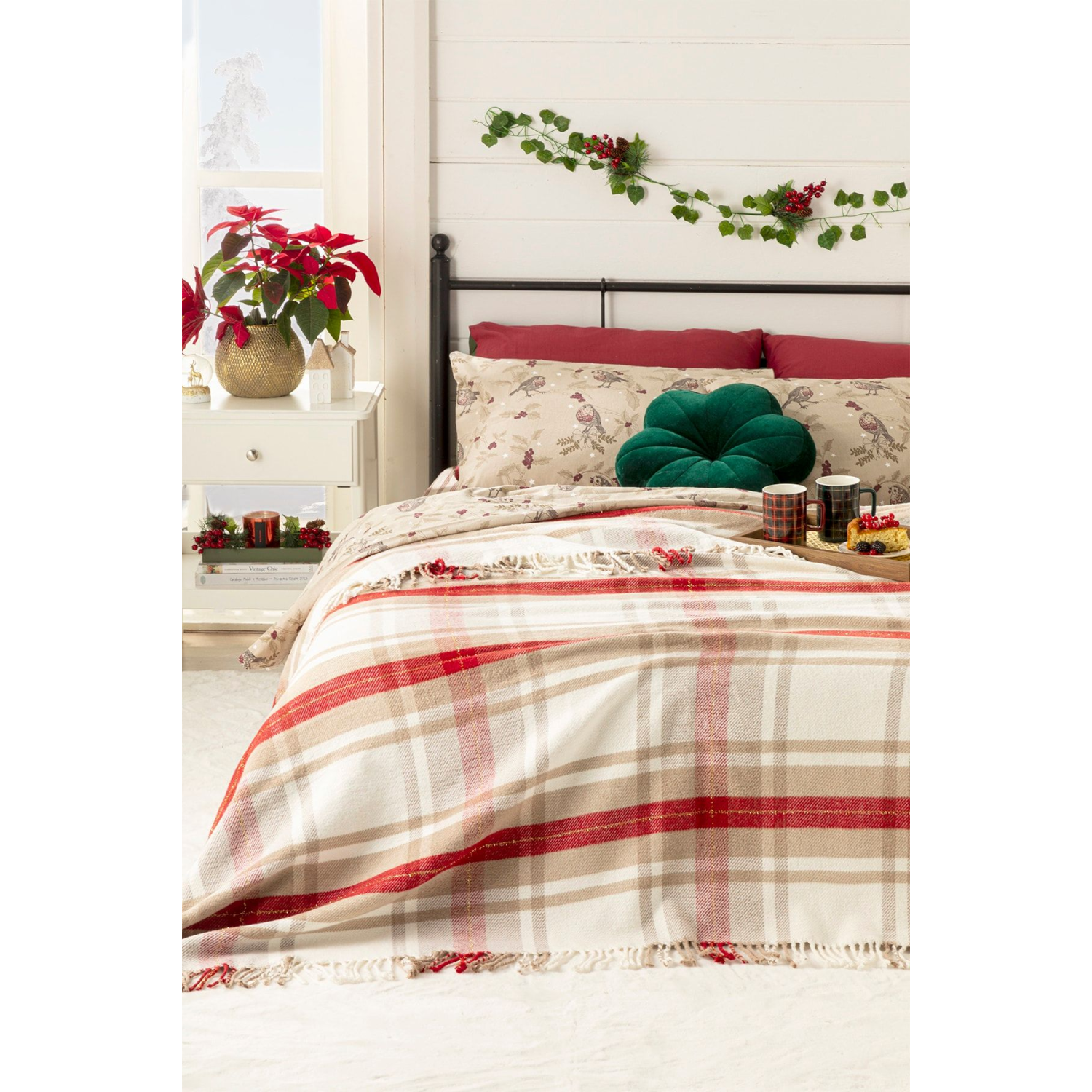 Mackenzie Simli Pamuklu Çift Kişilik Battaniye 200x220 cm Bej – Kırmızı