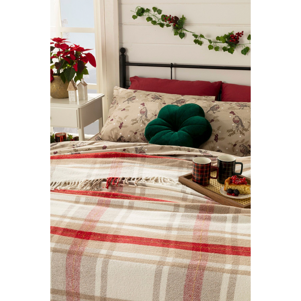 Mackenzie Simli Pamuklu Çift Kişilik Battaniye 200x220 cm Bej – Kırmızı
