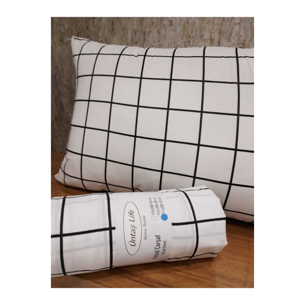 Tek Kişilik Lastikli Çarşaf +1 Adet Yastık Kılıfı Mini Karo Siyah Beyaz Enikaro1