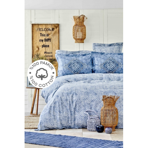 Lanika Mavi %100 Pamuk Çift Kişilik Nevresim Yastık Set