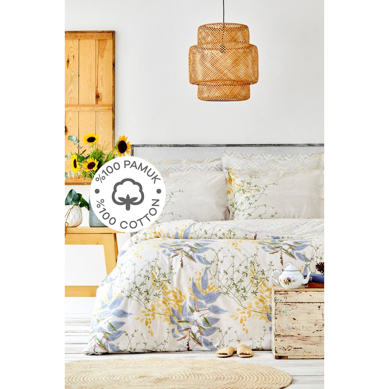 Clarinda Hardal %100 Pamuk Çift Kişilik Lastik Çarşaflı Nevresim Takımı